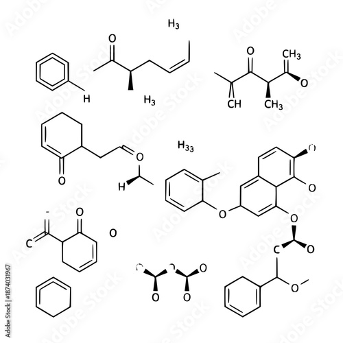 Organic chemistry molecule diagrams vector illustration set with flat molecular structures isolated on white