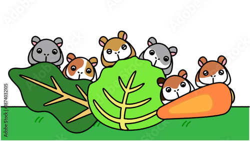 野菜の後ろからひょっこり顔を出すハムスターたちのかわいいイラスト
