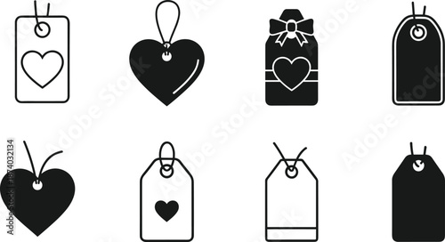 Valentine’s Day heart gift tags collection with romantic labels, love symbols, decorative icons, strings, bows, affection celebration vector design
