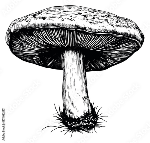 Hand drawn line art illustration of a mushroom depicting its cap and gills for nature and food design