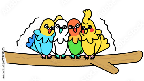 枝の上で揺れて驚く4羽のインコのコミカルなイラスト
