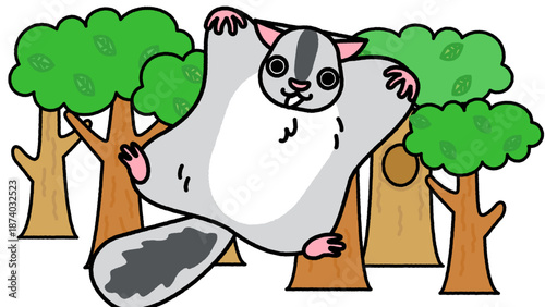 森の中を滑空するモモンガのかわいいイラスト