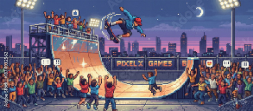 A vibrant pixel art scene featuring a skateboarder mid-air during a night competition, with a cheering crowd, city skyline, and bright stadium lights