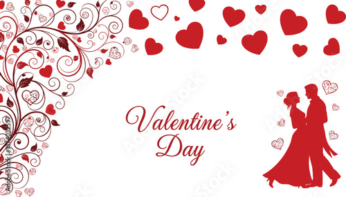 Valentine’s Day romantic couple silhouette with floral hearts, elegant text, and decorative red love elements in festive vector design.