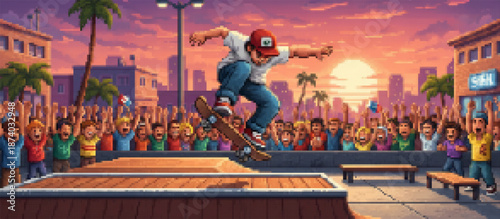 A vibrant pixel art scene featuring a skateboarder mid-air during a night competition, with a cheering crowd, city skyline, and bright stadium lights