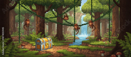 Vibrant pixel art of a lush jungle scene with playful monkeys swinging on vines, a hidden treasure chest on a path, and a serene waterfall flowing in the background