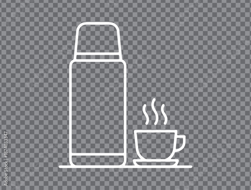 Hot drink container and mug. Thermos and steaming cup icon.