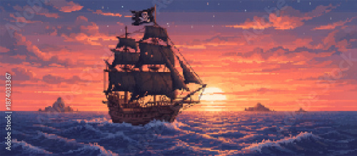 Pixel art pirate ship with a Jolly Roger flag sails on a vibrant, wavy sea under a dramatic sunset sky with orange and purple clouds and distant islands