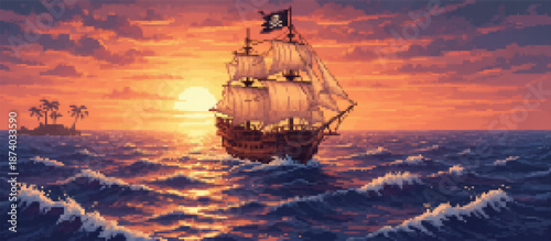 Pixel art pirate ship with a Jolly Roger flag sails on a vibrant, wavy sea under a dramatic sunset sky with orange and purple clouds and distant islands