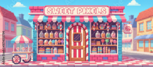 Vibrant pixel art candy shop showcasing shelves of colorful sweets in jars, adorned with large candy canes