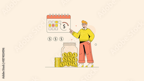 Financial planning and investment concept with man tracking savings on calendar near money jar, wealth management flat vector illustration