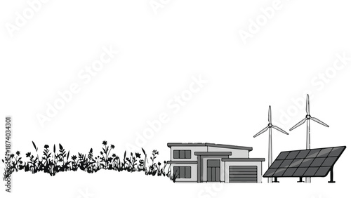Modern sustainable home with renewable energy from wind turbines and solar panels