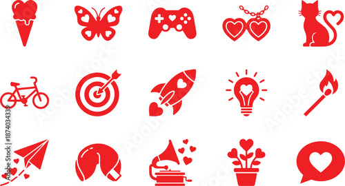 Red silhouette romantic icons featuring ice cream butterfly controller locket cat bike target rocket light bulb match paper plane fortune cookie gramophone plant and message bubble with heart motifs