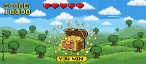 Pixel art game scene depicting a 'YOU WIN' screen. An open treasure chest overflows with gold coins and stars on a cheerful green landscape under a blue sky