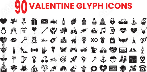 Large comprehensive set of 90 valentine glyph icons collection for holiday design with hearts gifts romance symbols jewelry flowers and more
