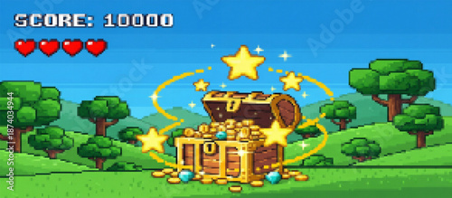 Pixel art game scene depicting a 'YOU WIN' screen. An open treasure chest overflows with gold coins and stars on a cheerful green landscape under a blue sky