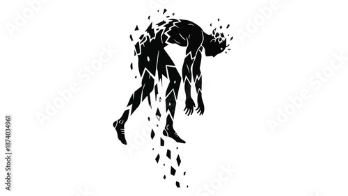 Abstract silhouette of human figure dissolving into fragments, mental health concept