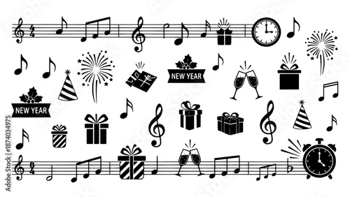 Happy New Year musical notes and symbols, festive celebration graphics