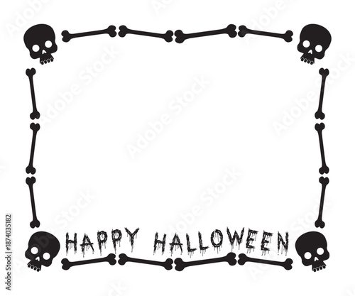 Halloween frame with bones and skulls. Halloween square frame made of skeleton arms and skulls, spooky bone border for horror. Vector illustration