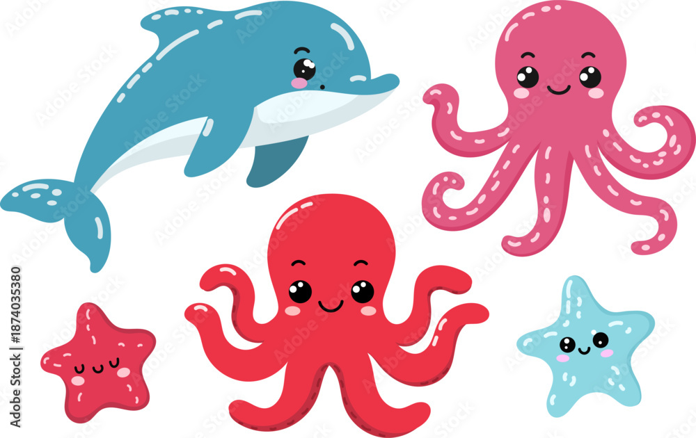 Fototapeta premium Cute sea animals vector illustration set with kawaii dolphin, octopus and starfish, funny marine characters clipart isolated on white background