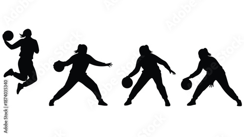 Silhouettes of women basketball players in action poses on white