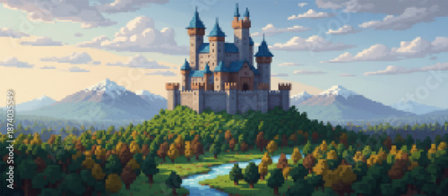 Majestic pixel art castle with blue spires atop a forested hill, overlooking an autumn valley with a winding river and distant mountains under a serene dusk sky