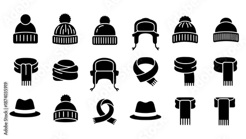 Diverse Collection of Essential Winter Headwear and Neckwear Accessories Silhouette Icons