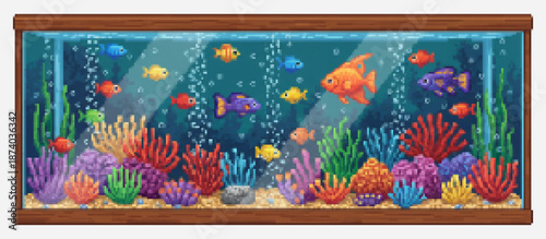 Vibrant pixel art aquarium scene featuring numerous colorful fish swimming among diverse coral reefs, aquatic plants, and rising air bubbles, illuminated from above