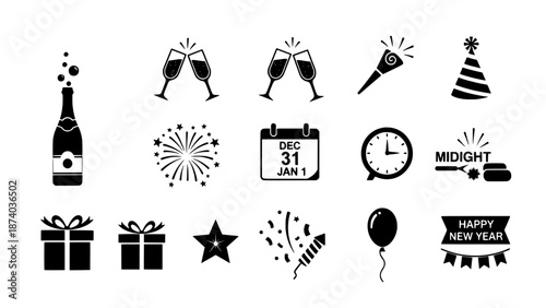 New Year's Eve Celebration Icons Champagne, Gifts, Fireworks, and Calendar