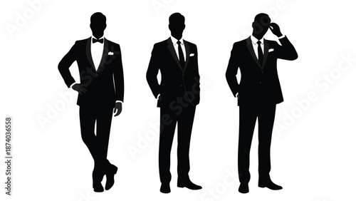 Set of three stylish male silhouettes in formal wear, black on white