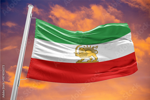 Photos Waving Flag of Iran with Lion and Sun Emblem, Symbol of Protests and Opposition