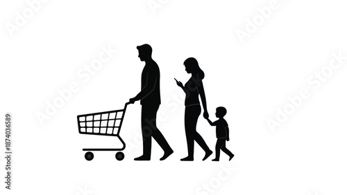Silhouetted family shopping with cart, mother distracted by smartphone