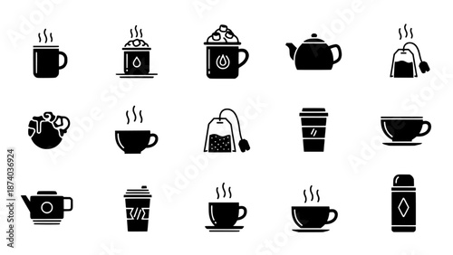 Stylish vector icons of hot tea and coffee beverages for culinary design needs and menus
