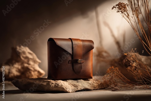 Luxury leather bag on natural stone with dried flowers