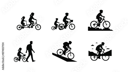 Collection of bicycle riding silhouettes for sport and family leisure