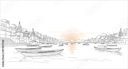 Hand drawn panorama sketch of a serene waterfront cityscape at sunset with boats and buildings in a warm, monochromatic color scheme.