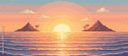Vibrant pixel art sunset over a calm ocean, featuring distant islands silhouetted against a gradient sky of blue, purple, pink, and orange. A bright sun reflects brilliantly on the tranquil water