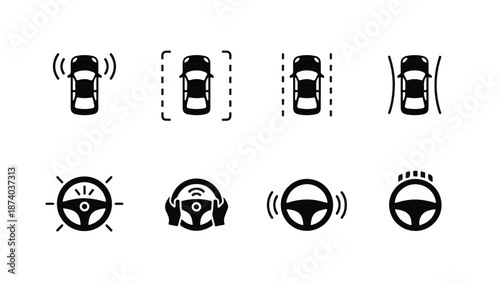 Automotive Driver Assistance Systems and Autonomous Vehicle Icons Set