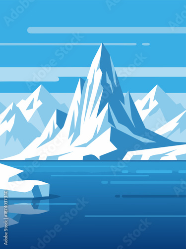 Stunning Arctic Landscape Vector Illustration of Snowy Mountains and Frozen Water