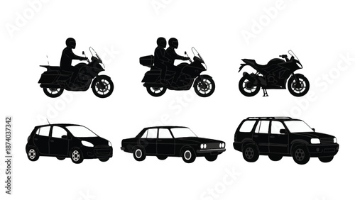 Black silhouette vehicles collection including cars and motorcycles on white