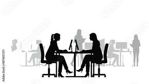 Silhouettes of women working in a corporate office environment