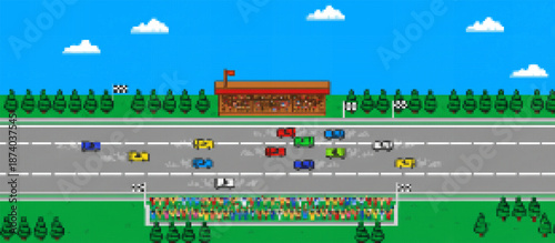Retro pixel art top-down view of a vibrant car race on a track, featuring multiple colorful vehicles, a grandstand with cheering spectators. Evokes classic arcade gaming