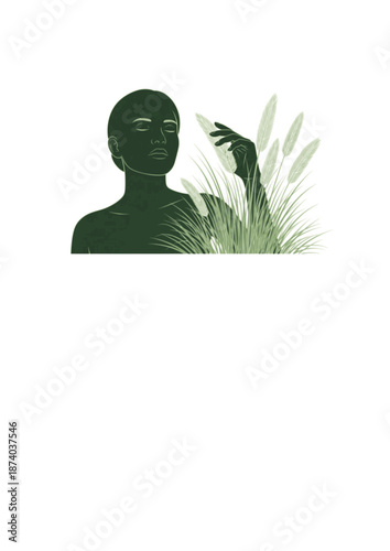 Sensory Experience Silhouette, Person Touching Tall Grass, Nature Connection and Tactile Mindfulness Concept, Wellness and Peace Vector Design
