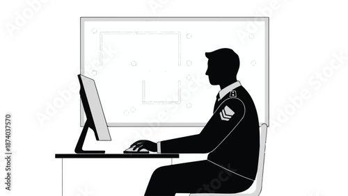 Professional in uniform analyzing architectural blueprints on a computer