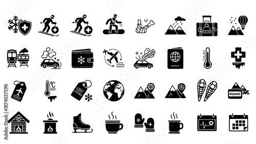 Comprehensive collection of winter season icons for travel, sports, and cold weather leisure activities