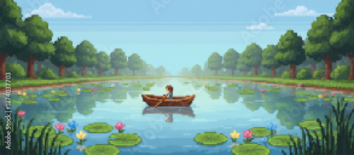 Peaceful pixel art scene of a person rowing a wooden boat on a tranquil lake. Surrounded by lush green banks with colorful spring flowers, trees, and blue sky