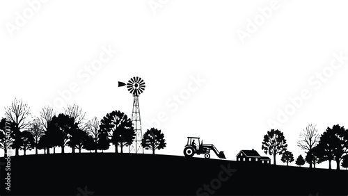 Rural farm landscape silhouette with tractor, windmill, house, and trees