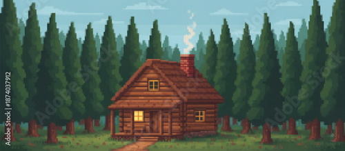 Cozy pixel art log cabin nestled in a snowy winter forest with smoke rising from the chimney, evoking a warm, nostalgic, retro video game atmosphere