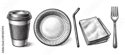 A vintage engraved illustration depicts a disposable coffee cup, paper plate, straw, stack of napkins, and fork arranged horizontally on a white background.