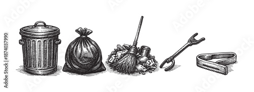 A black and white illustration depicts various items for trash disposal including a bin, garbage bag, broom, pile of debris, and tongs against a white background.
